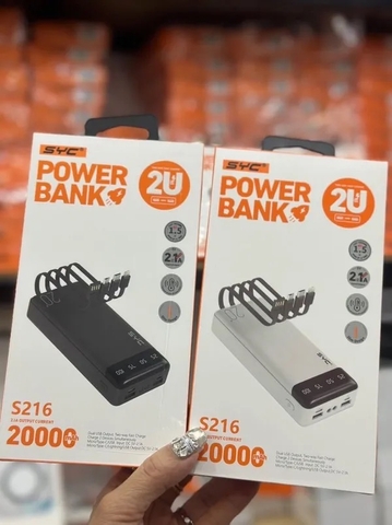Pin sạc dự phòng sạc nhanh 2.1A SYC 216 20.000mAh, kèm 3 cáp 1 cổng usb liền thân, có màn hình hiển thị % pin  [BH: 1 năm]