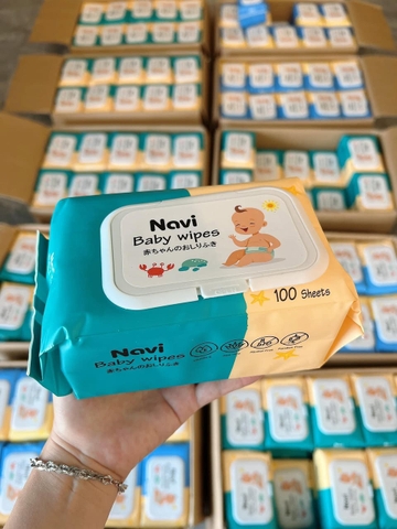 Thùng 10 gói khăn giấy vệ sinh ướt Navi hình EM BÉ, mỗi gói 100 tờ không mùi Nhật Bản