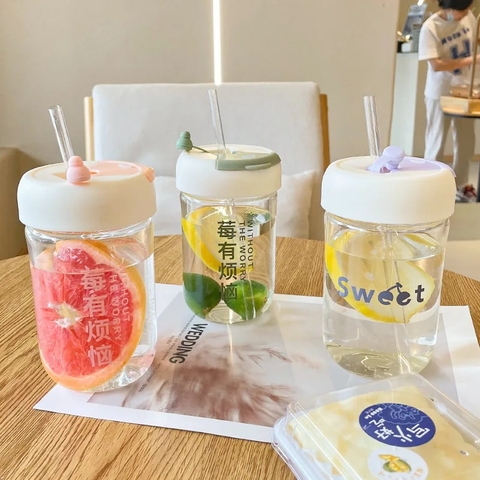 Bình, ly đựng nước nhựa 450ml đựng nước kiểu Hàn uống cà phê, trà sữa, nước ép có nắp vs ống hút [BH: NONE]