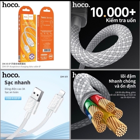 Cáp sạc nhanh 3A dây dù Hoco DM-X9 iPhone lightning (usb ra iphone) chính hãng [BH: 1 NĂM]