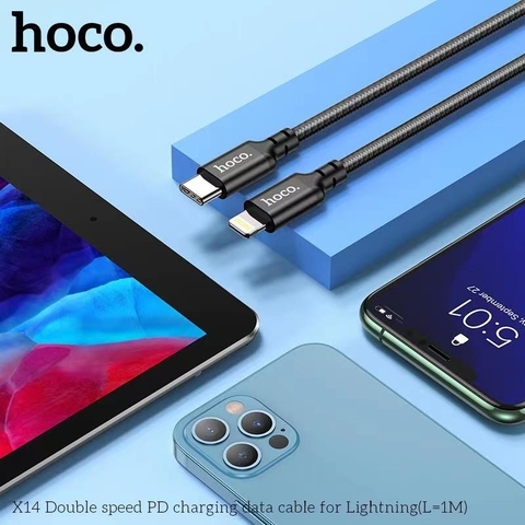 Cáp sạc nhanh 20W 2 mét Hoco X14 (c-l 2m) (Type C ra iPhone Lightning) PD dây dù cho iPhone 11 12 13 chính hãng [BH 1 năm]
