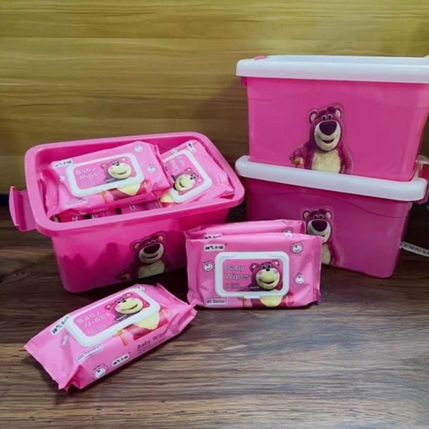 Khăn giấy ướt vệ sinh rút, kèm xô thùng nhựa Gấu dâu (thiên phúc) / Vịt vàng/ Ong vàng kèm xô đựng