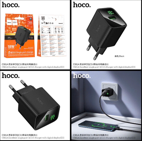 Cóc sạc nhanh 18w HOCO CS81A cóc 1 cổng USB có màn LCD chính hãng