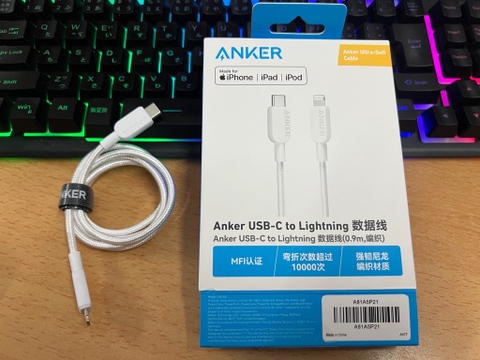 Cáp sạc nhanh Anker A81A5 (C-L 0.9m) dây dù type c ra iphone lightning chính hãng [BH 1 năm]