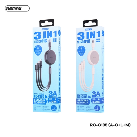 Cáp sạc nhanh 3 đầu REMAX RC-C195 3A dây rút dài 1M2 đa năng chính hãng [ BH 1 năm]