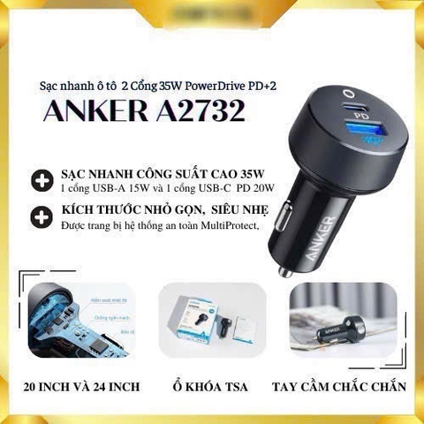 Cóc, tẩu sạc xe hơi nhanh 35W ANKER A2732  2 cổng (1 cổng usb+ 1 cổng Type C) chính hãng [BH: 1 NĂM]
