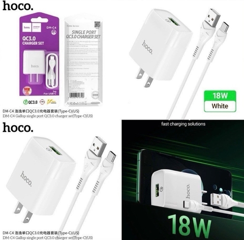 Bộ sạc nhanh 18w QC3.0 Hoco DM-C4  Type C (cóc 1 cổng usb US+ cáp 1 cổng usb ra Type c) chính hãng [BH: 1 NĂM]