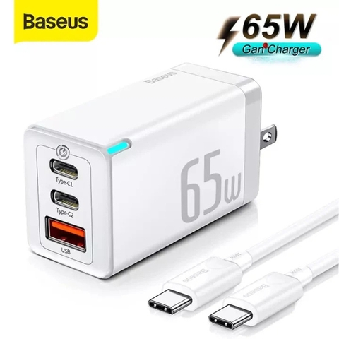 Cóc sạc nhanh Baseus 3 cổng gồm (1 cổng USB+ 2 cổng Type C 65w} tặng kèm cáp 2 đầu Type C (100w)  mã GAN5PRO chính hãng {Bộ sạc nhanh Type C} [BH: 1 năm]