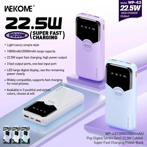 Pin sạc nhanh 22.5w Wekome WP-43 10.000mAh dự phòng có màn hình hiển thị % pin [BH: 1 năm]