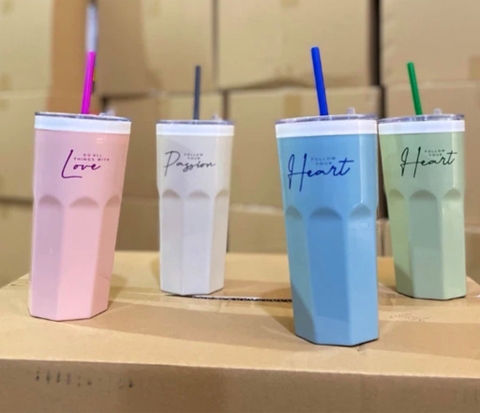 Ly nhựa đựng nước 600ml  sắc hè kèm ống hút LOVE/ HEART v.v [BH: NONE]