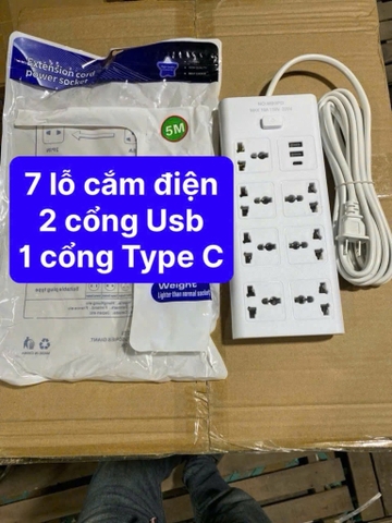 Ổ cắm điện EXTENSION CORD POWER SOCKET gồm 7 lỗ cắm+ 2 cổng usb+ 1 cổng Type dài 5m [BH: 1 TUẦN]