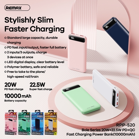 Pin sạc nhanh 22.5w Remax RPP-520 10.000mAh dự phòng PD QC3.0 chính hãng [BH 1 Năm]