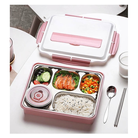 Hộp cơm văn phòng 5 ngăn bằng INOX 304 CÓ GIÁ ĐỠ ĐIỆN THOẠI kèm đũa muỗng tiện lợi [BH: NONE]