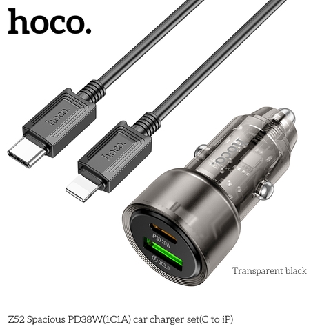 Bộ sạc nhanh cho xe hơi 38W HOCO Z52 cáp Type C to iPhone (1 cổng Type C PD + 1 cổng USB) chính hãng [BH 1 NĂM]