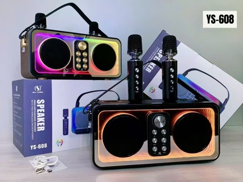 Loa bluetooth SDSR YS-608 mẫu loa karaoke để bàn có đèn led kèm 2 micro không dây siêu hay