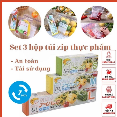 Combo 3 Hộp Túi Zip Đựng Thực Phẩm Nhật Bản Cho Nhà Bếp, Tủ Lạnh (set 3 size SML)