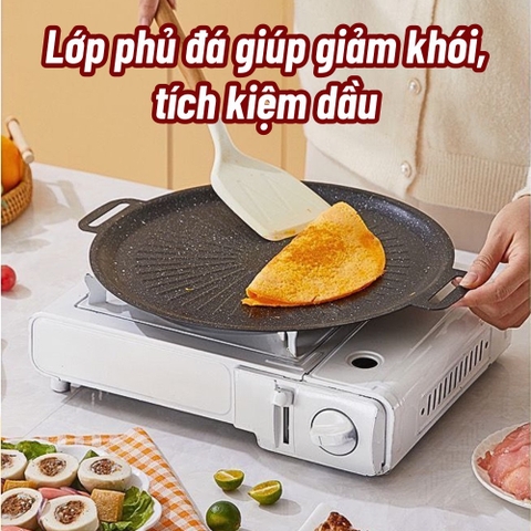 Chảo gang vân đá, chảo nướng BBQ đa năng chống dính size 34cm [BH: NONE]