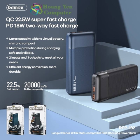 Pin sạc nhanh 22.5w Remax RPP-192 20.000mAh QC3.0 PD 22.5w sạc dự phòng chính hãng [BH 1 năm]