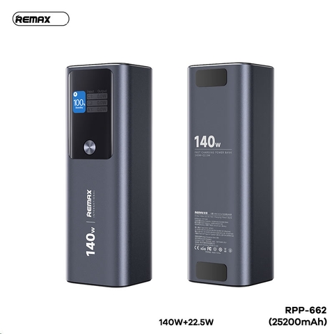 Pin sạc dự phòng Remax RPP-662 25200mAh sạc nhanh QC3.0+PD 140W+22.5W sạc được laptop chính hãng [BH 1 Năm]