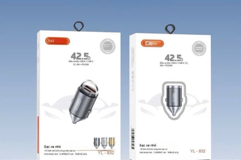 Cóc sạc xe hơi 42.5W Byz YL832 siêu nhỏ gọn 2 cổng ( 1 Cổng USB +  1 Cổng Type C) [BH: 6 THÁNG]