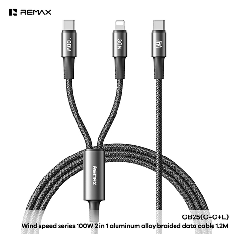 Cáp sạc đa năng REMAX CB25 C-C+L sạc nhanh 100/30w cáp sạc 1 đầu Type C ra 2 đầu (Type C+ Iphone) dài 1m2 chính hãng