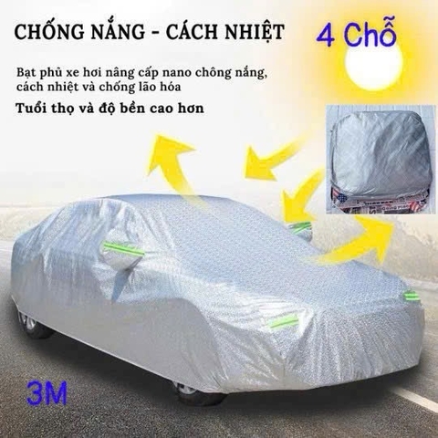 Bạt trùm xe hơi 4 CHỖ 3M nâng cấp NANO dày 3 lớp TRÁNG BẠC chống nắng, cách nhiệt [BH: NONE]