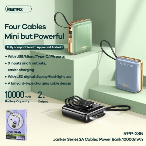 Pin sạc dự phòng Remax RPP-286 10.000mAh chính hãng kèm cáp liền pin đa năng và 2 đèn pin chiếu sáng [BH 1 năm]