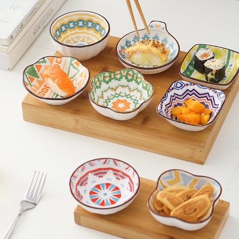 Set 6c chén sứ gia vị Nhật Hoạ tiết thổ cẩm, nhiều hình viền gợn [BH: None]