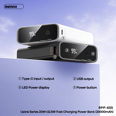 Pin sạc nhanh 22.5w Remax RPP-655 20.000mAh dự phòng QC3.0+PD 22.5W chính hãng [BH 1 năm]
