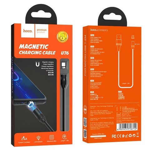 Cáp sạc từ 2.4A Hoco U76 Micro 1.2M (usbA ra Micro; a-m) loại từ hít nam châm, tự ngắt khi sạc đầy pin hàng chính hãng [BH 1 năm]