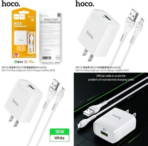 Bộ sạc nhanh 18w QC3.0 Hoco DM-C4 Micro (cóc 1 cổng usb US+ cáp 1 cổng usb ra samsung) chính hãng [BH: 1 NĂM]