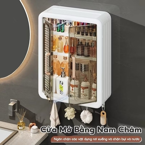 Tủ đựng mỹ phẩm, tủ đựng đồ đa năng 3 tầng dán tường kèm 4  móc treo khăn, chìa khóa, bông tắm v.v [BH: NONE]