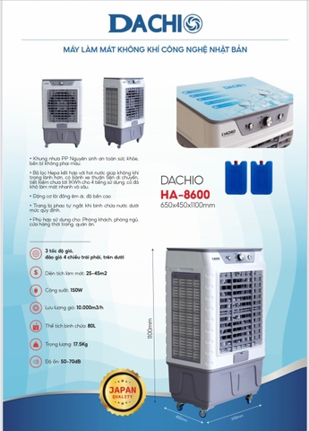 Quạt điều hòa hơi nước DACHI HA-8600 80L công suất 150W chính hãng [BH 1 năm]