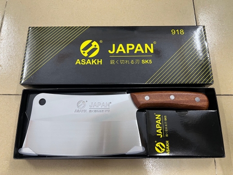 Dao chặt xương, chặt gà, chặt dừa nhà bếp đa năng Nhật Asakh SK5 918 cán gỗ, lỗ tròn treo dao Japan