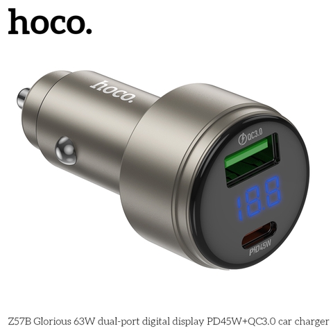 Cóc sạc nhanh xe hơi 63w HOCO Z57B (1 cổng USB, 1 cổng Type-c) màn hình LED chính hãng [BH 1 năm]