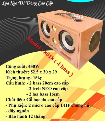 Loa bluetooth Karaoke xách tay 8018 4bass loa gỗ bọc giả da cao cấp kèm 2 mic UHF chống hú