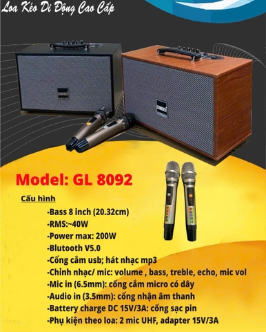 Loa bluetooth Karaoke xách tay SoundBox GL 8092 loa gỗ siêu đẹp kèm 2 mic UHF chống hú