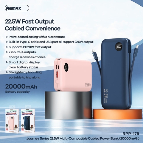 Pin sạc nhanh 22.5w Remax RPP-179 20.000mAh PD QC3.0 kèm cáp liền pin sạc dự phòng chính hãng [BH 1 năm]