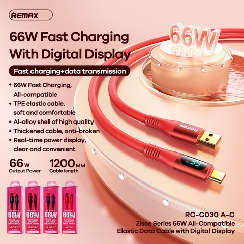 Cáp sạc nhanh 66w Remax RC-C030 usb ra Type C có led chính hãng [BH 1 Năm] / pktn sale