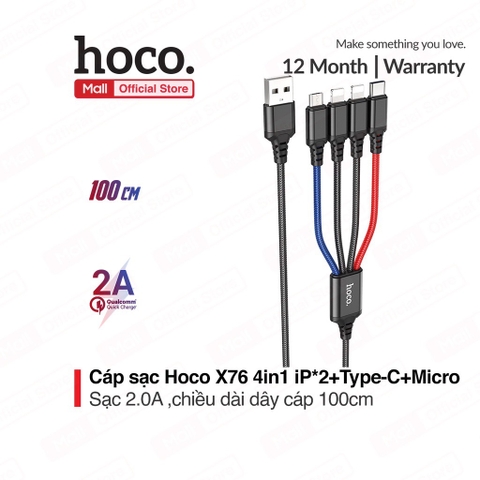 Cáp sạc nhanh 2A Hoco X76 4 đầu đa năng 4in1 2L ( 2ip+ 1 micro+ 1 type c)[BH: 1 năm]