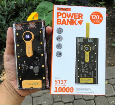 Pin sạc dự phòng sạc nhanh 120W SYC S137 trong suốt, dung lượng 10.000mAh có màn hình hiển thị % pin kèm dây treo  [BH: 1 Năm]