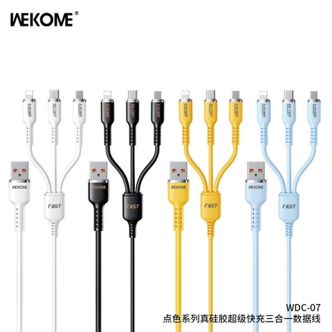 Cáp sạc nhanh 66w Wekome WDC-07th 3 đầu đa năng (usb ra ip +micro +type c) dài 1M2 chính hãng [BH: 6 tháng]