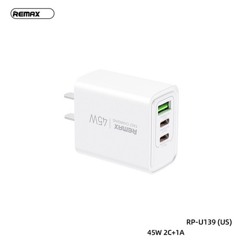 Cóc sạc nhanh 45w REMAX RP-U139 US chân dẹp (1 cổng usb, 2 cổng type-c) PD QC3.0 chính hãng [BH 1 năm]