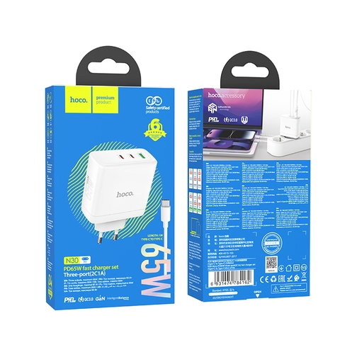 Bộ sạc nhanh 65w Hoco N30 QC3.0+PD (Cóc 1 cổng USB + 2 cổng Type C kèm cáp 2 đầu Type-C) chính hãng [BH 1 Năm]
