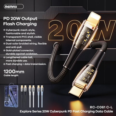 Cáp sạc nhanh 20w Remax RC-C061 (c-l) trong suốt siêu đẹp Type C ra iPhone Lighning (PD) cho iphone 11 12 13 14 [BH 1 năm]