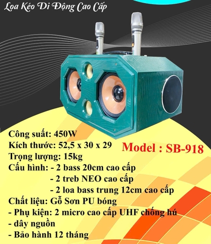 Loa bluetooth Karaoke xách tay SB-918 loa gỗ sơn PU bóng siêu đẹp kèm 2 mic UHF chống hú