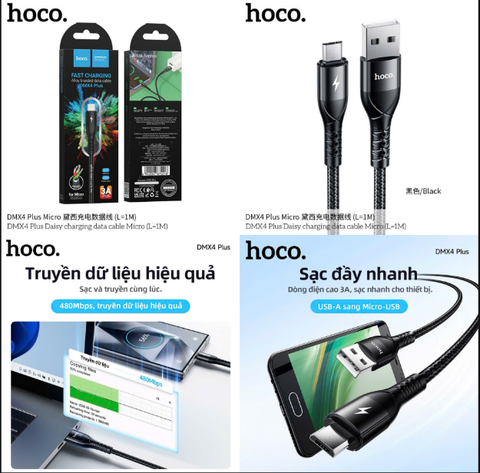 Cáp sạc nhanh 3A HOCO DM-X4 Plus Micro cáp USB ra Micro dài 1m kiêm truyền dữ liệu
