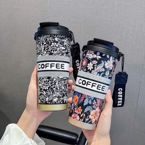 Ly giữ nhiệt họa tiết hoa văn Coffee 500ml-520ml cóc quai treo [BH: NONE]