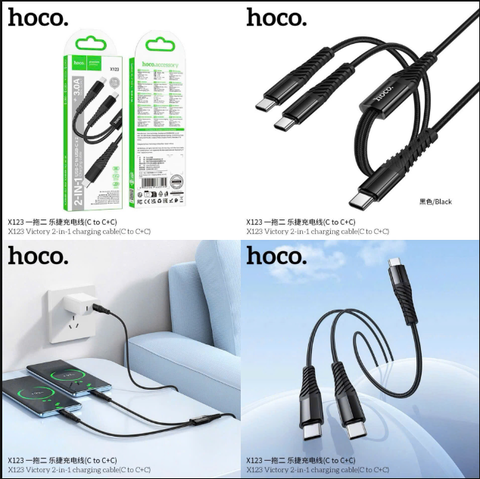 Cáp sạc nhanh 3A HOCO X123 TypeC ra 2 đầu Type C ( Type C ra Type C + Type C) siêu tiện lợi