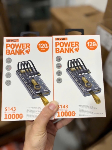 Pin sạc nhanh 120w SYC Power Bank S143 10.000mAh dự phòng chính hãng kèm cáp liền pin kiểu trong suốt lộ mạch [BH 1 năm]